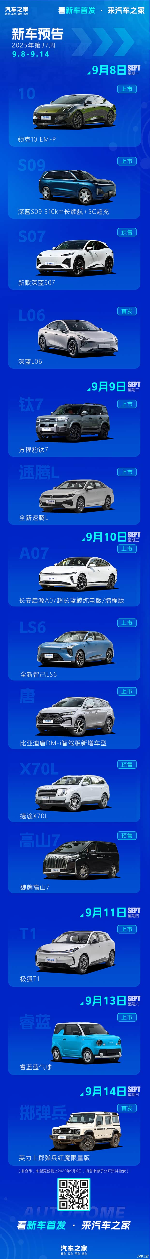 方程豹钛7/全新速腾L等 2025年第37周(9.8-9.14)新车预告